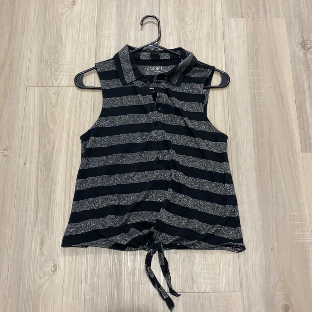 Black and metallic striped front knot top